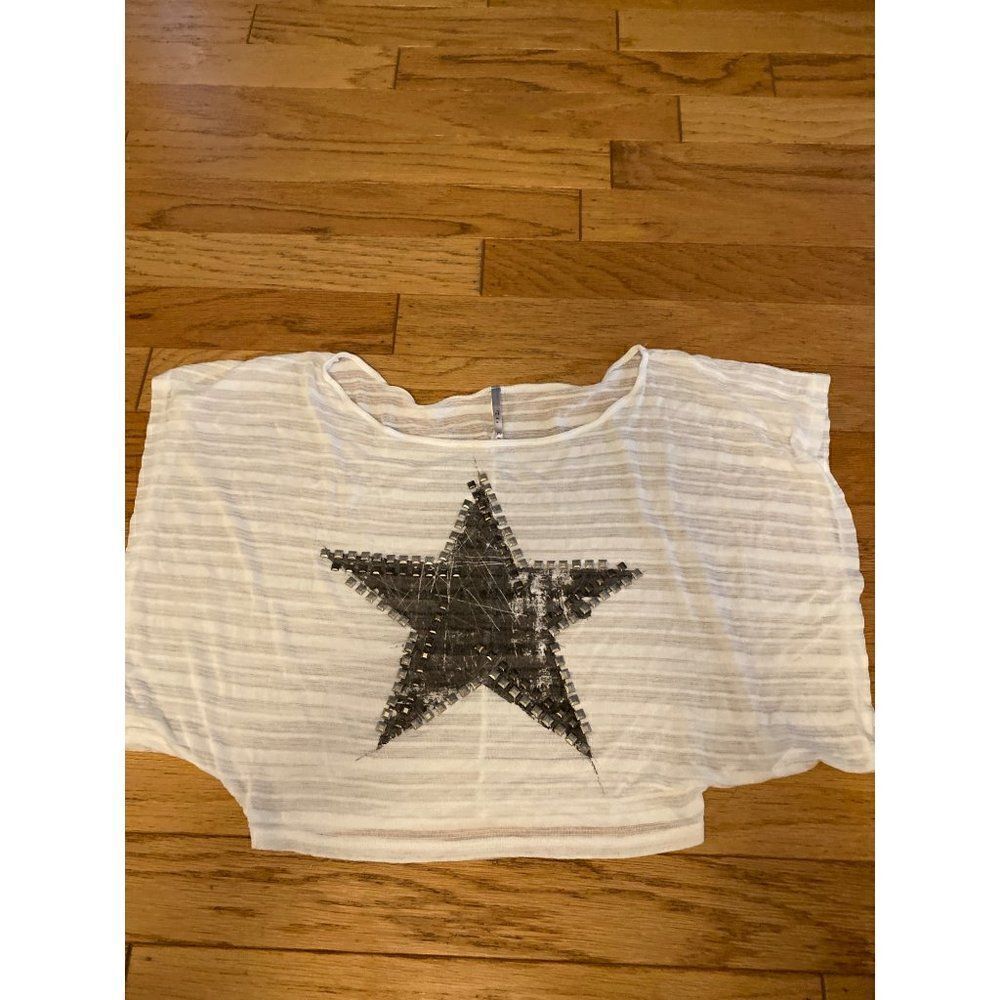 The Classic, women’s white sheer wide sleeve cropped studded outlined star small